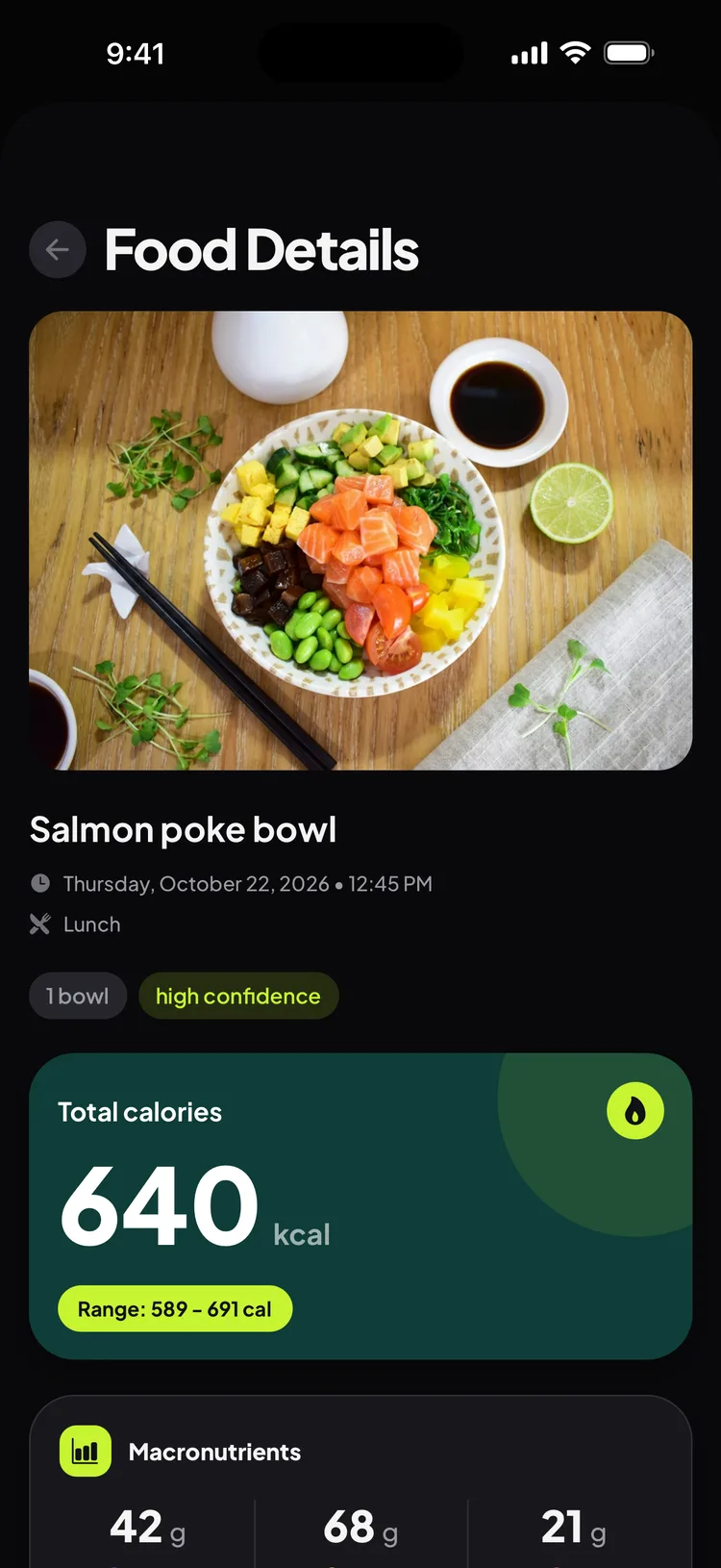 AI results for a photo of a salmon poke bowl: 640 calories with protein, carbs and fat